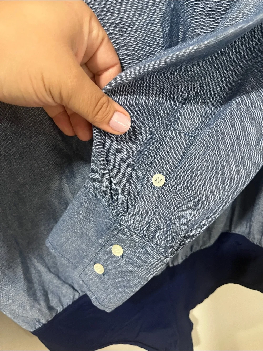 J. Crew Blue Chambray Button-Down Bodysuit with Navy Hem